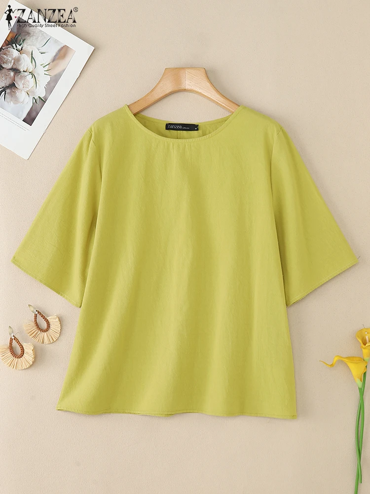 Casual Losse Blouses Vrouwen Katoen Linnen Tops Effen Kleur Tuniek 2025 ZANZEA Mode Half Mouw Blusas Lente O-hals Trui
