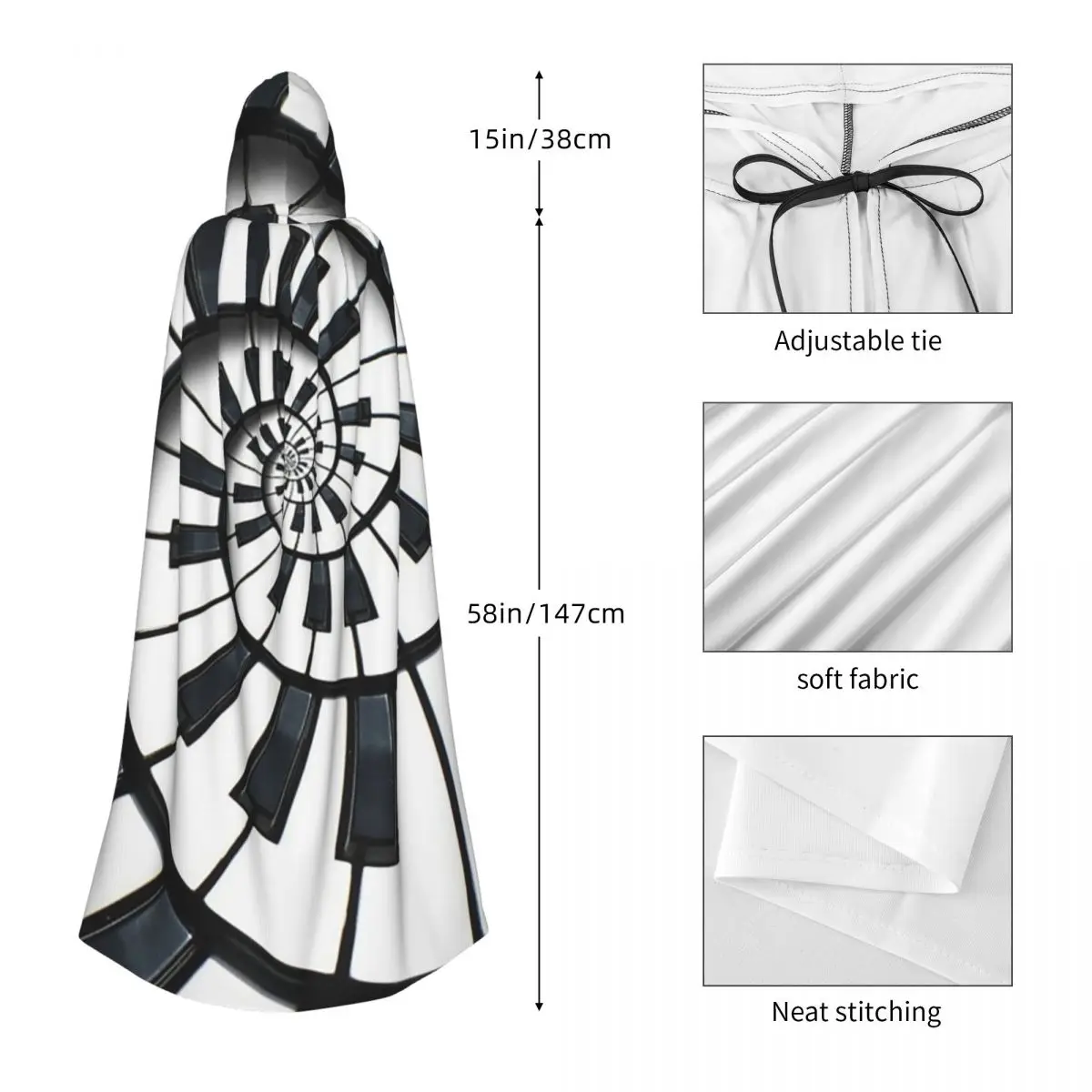 Abstract Piano Keys With Musical Notes Long Hooded Cloak Witch Medieval Costume Cosplay Cape HalloweenParty Adult Unisex