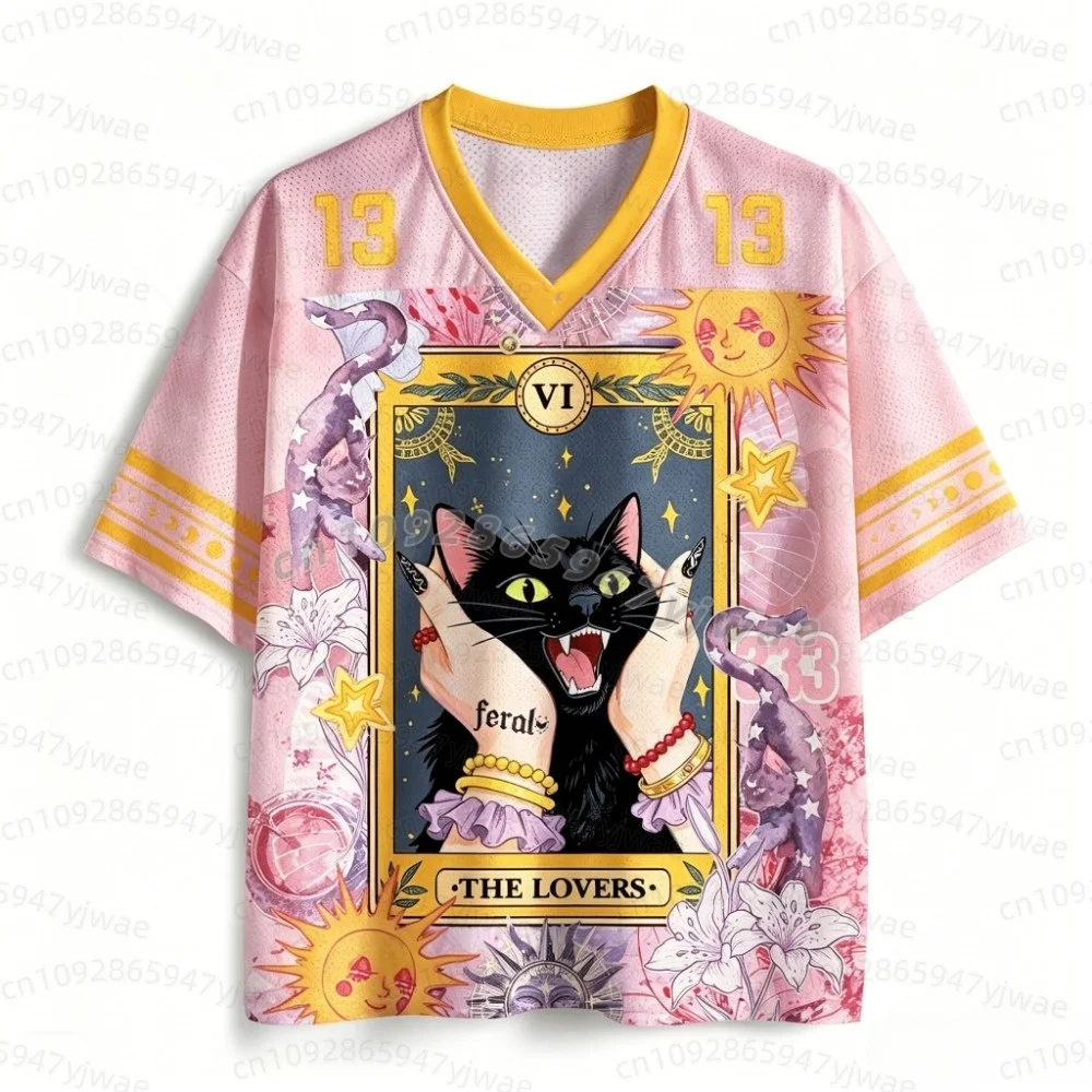 2026 JAPANESE Couple Tarot Black Cat No. 13 Jersey with Mysterious Sun and Moon Print Purple Mesh V-neck men women T-shirt view 3