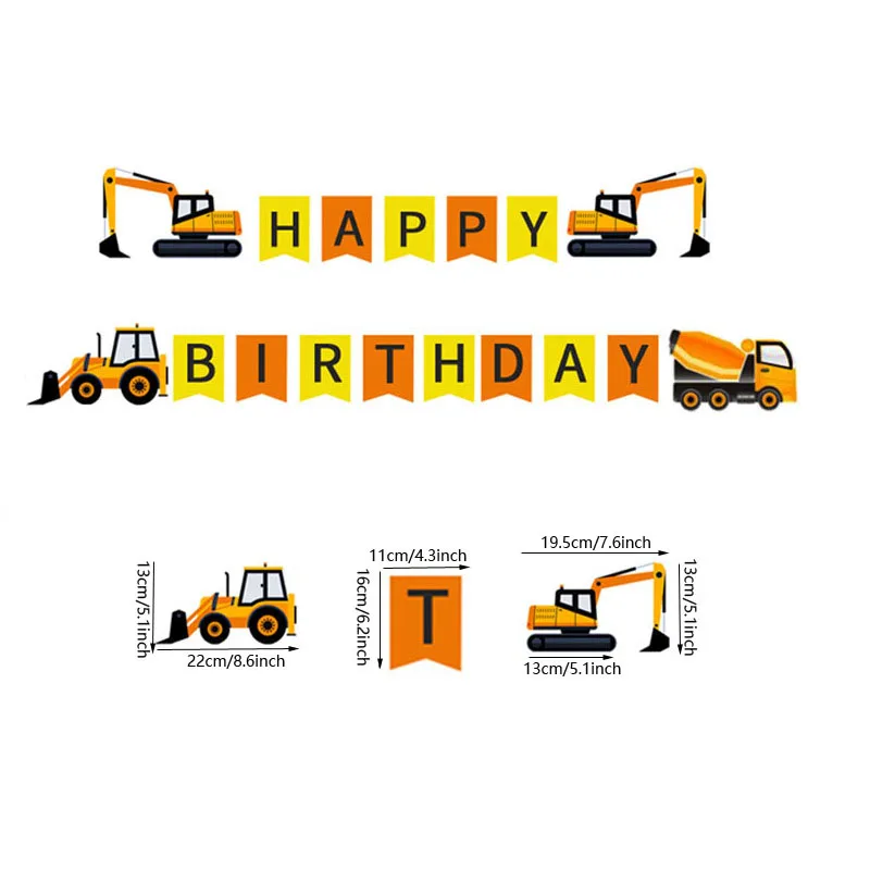 Construction Excavator Tank Truck Happy Birthday Banner Paper Garland for Boys Kids Baby Shower 1st Birthday Party Decoration