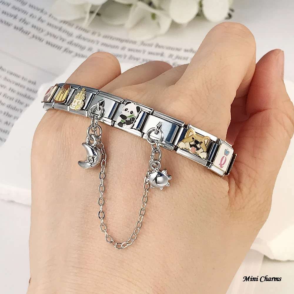 Modischer Stern-Mond-Sonne-Katzenpfoten-Anhänger mit Hängekette, italienische Charms, passend für 9mm Armbänder, Edelstahlschmuck, DIY-Bastelzubehör – Detail 4