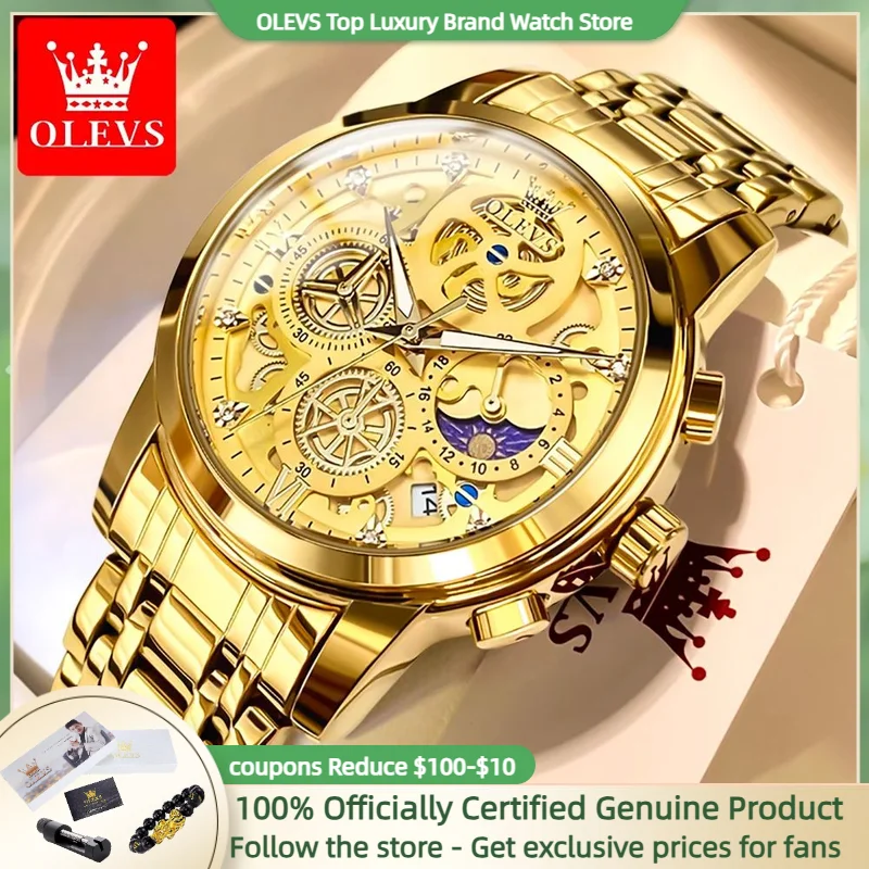 OLEVS 9947 Men Watch Luxury Brand Quartz Watch Stainless Steel Waterproof Skeleton Style 24-hour Day Night Sports Men's Clock