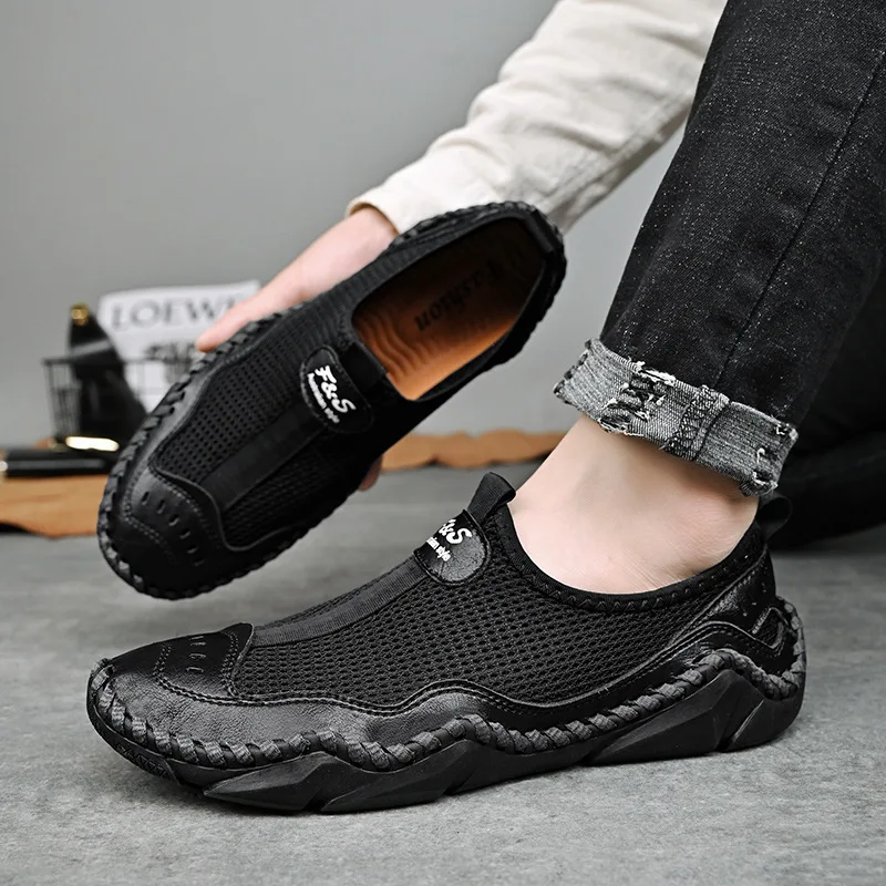 Men Loafers Patchwork Leather Mesh Casual Shoes Man Summer Beach Shoes Slip-on Soft Sole Male Breathable Driving Flats 48 Yard