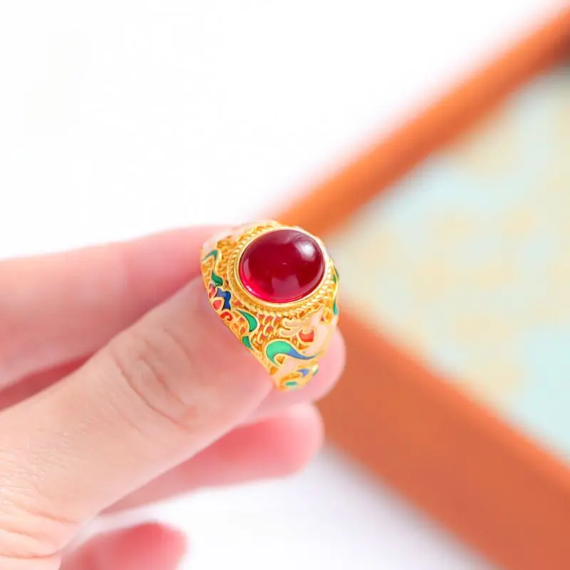 خاتم على شكل بيضاوي من المينا على الطراز الملكي ، عقيق أحمر ، خاتم بحجم قابل للتعديل ، مطلي بالذهب عيار 24