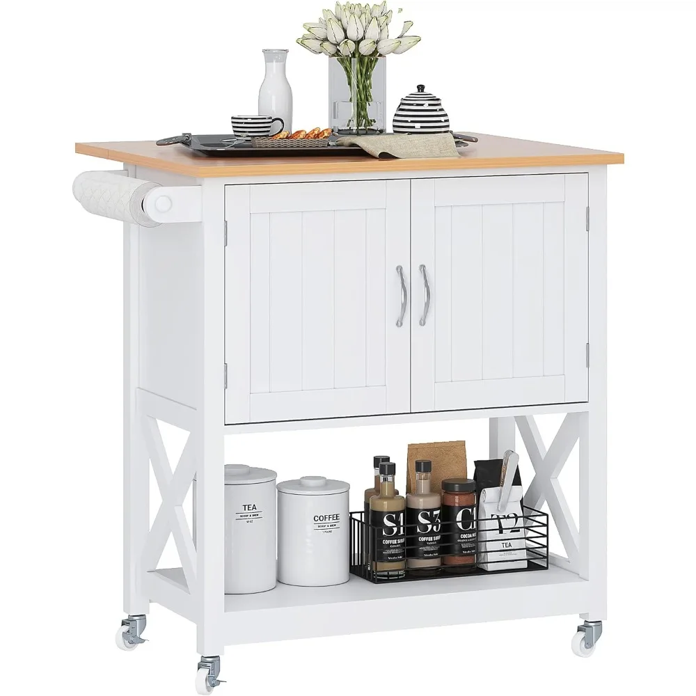 Home kitchen island with wheels, rolling cart with storage cabinet, with fallen leaves and towel rack, for dining room, white