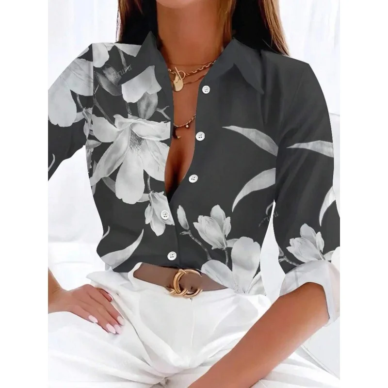 

Модная женская рубашка с длинным рукавом, 3D-печать, цветочный принт, стильный женственный дизайн, несминаемый материал, весенняя коллекция