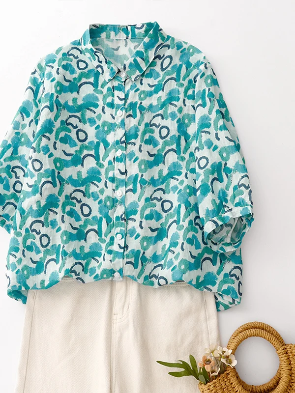 Retro Print Linen Cotton Blend Casual Thin ort Sve  Collar Open Cardigan Top for Women Summer 2025 Commute Sle