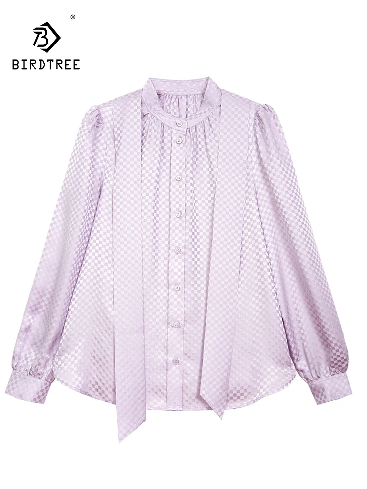 

BirdTree, 100%Real Silk Women Bow Collar Shirts, Elegant Versatile Lavender Blouses, 2024 Spring Summer Office Lady Top T42929QC