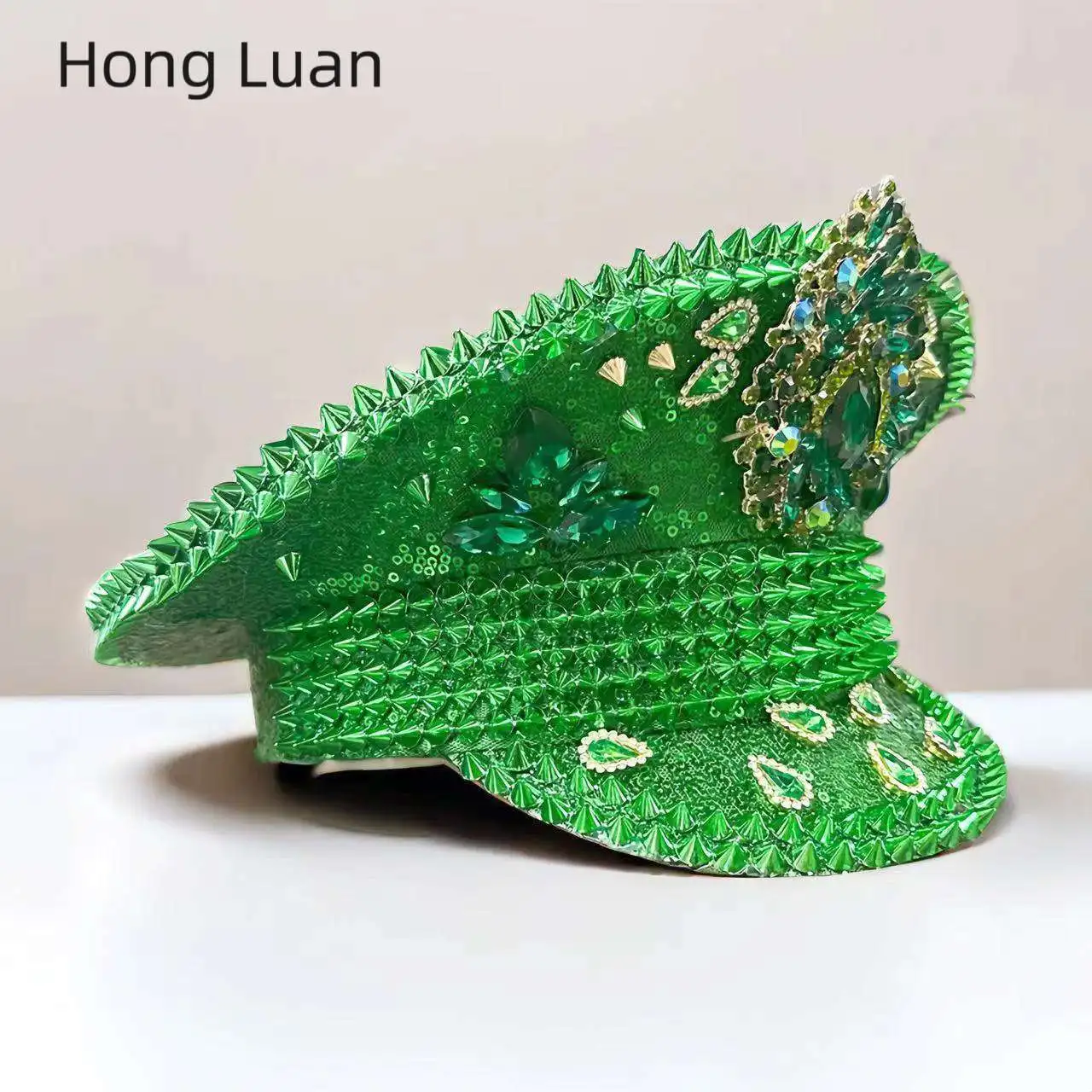 HongLuan Yellow Laser Leather Loop Captain Hat Rhinestone & Military Caps for Woman, Rave Festivals Accessories ＆ Party Cap Man