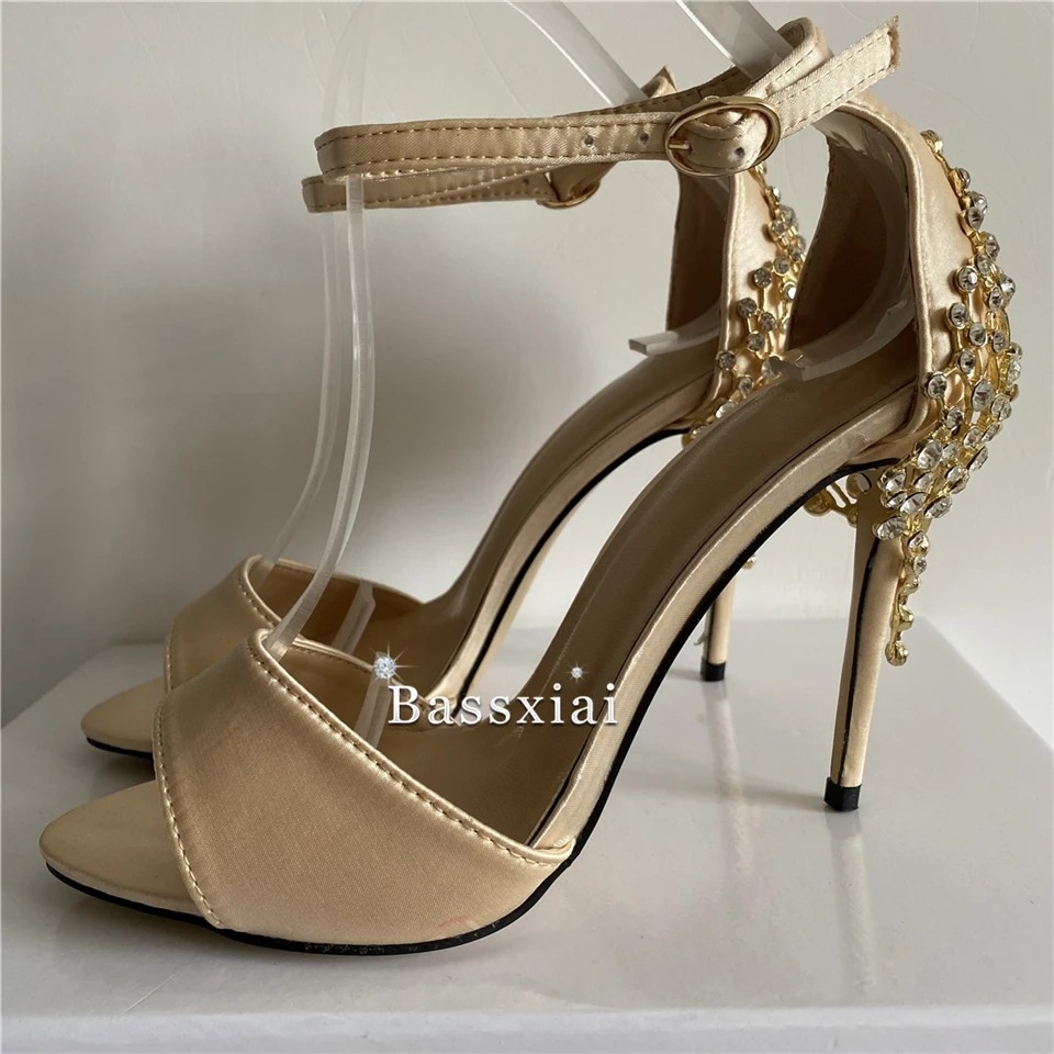 Luxury Satin One-Strap Sandals Women Summer 10cm Thin High Heels With Crystal Metal Decor Party Shoes 2024