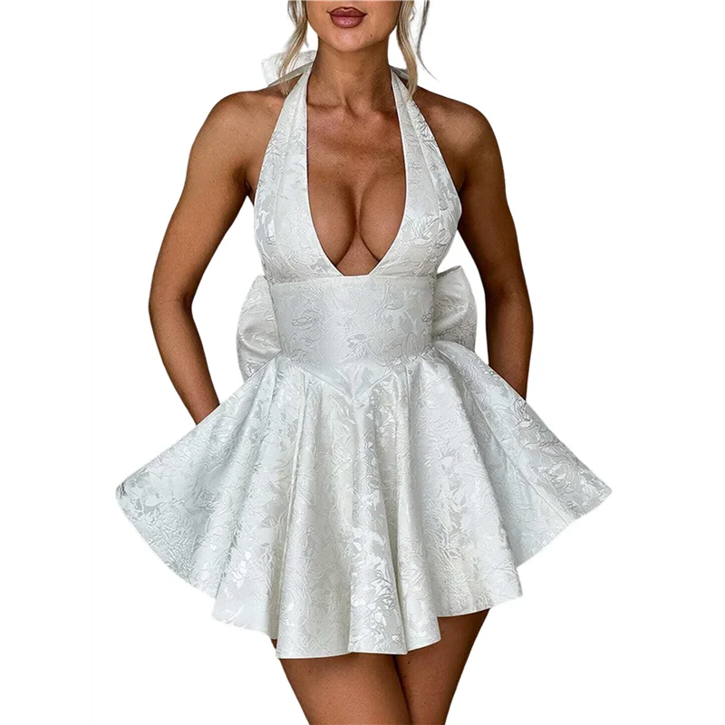 

Women Deep V Sleeveless Halter Neck Bow-Knot Evening Cocktail Long Dress