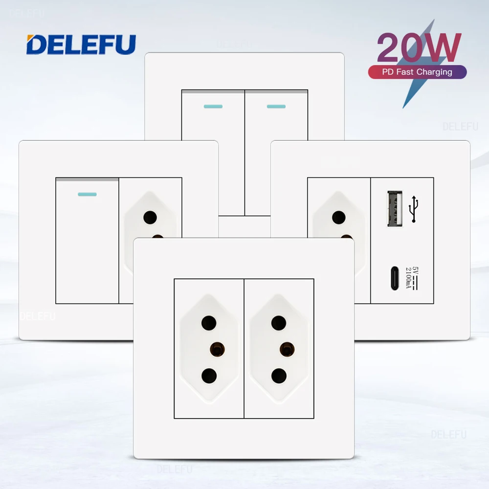 DELEFU86 Tipo PC Painel retardador de fogo branco Brasil Padrão Interruptor de tomada de parede Carregamento rápido 20w USB Tipo C Tomada 10A 20A