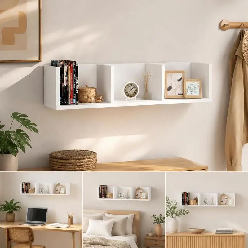 Étagère Murale pour CD 75 x 18 x 18 cm en Bois d'Ingénierie avec Trois Compartiments Ouverts, Rangement Pratique pour DVD et Musique pour Salon, Organisation Moderne pour la Maison et Collection Multimédia