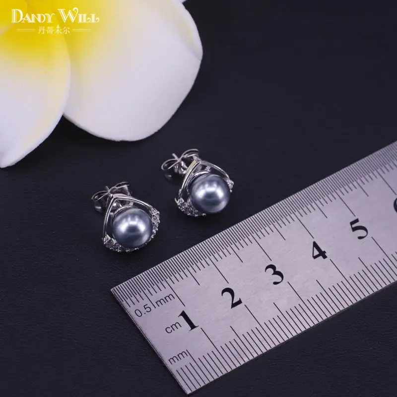 Promotion Gray Pearl White Zircon Silver 925 Costume Jewerly Stud Earrings Necklace Ring Set