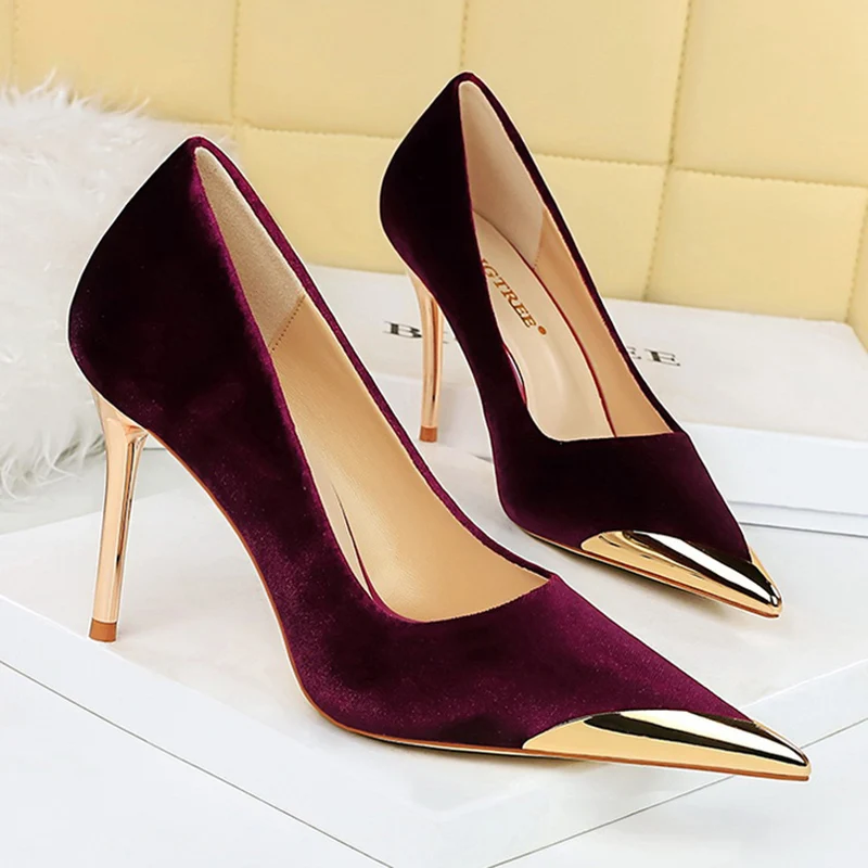 Women 10cm High Heels Burgundy Velvet Pumps Scarpins Wedding Bridal Stiletto Heels Lady Fetish Metal Toe Evening Party Shoes