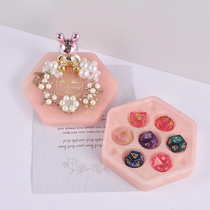 DIY Hexagonal Jewelry Storage Box Crystal Epoxy Resin Mold Board Game Dice Seven-piece Storage Case Dice Holder Silicone Mold