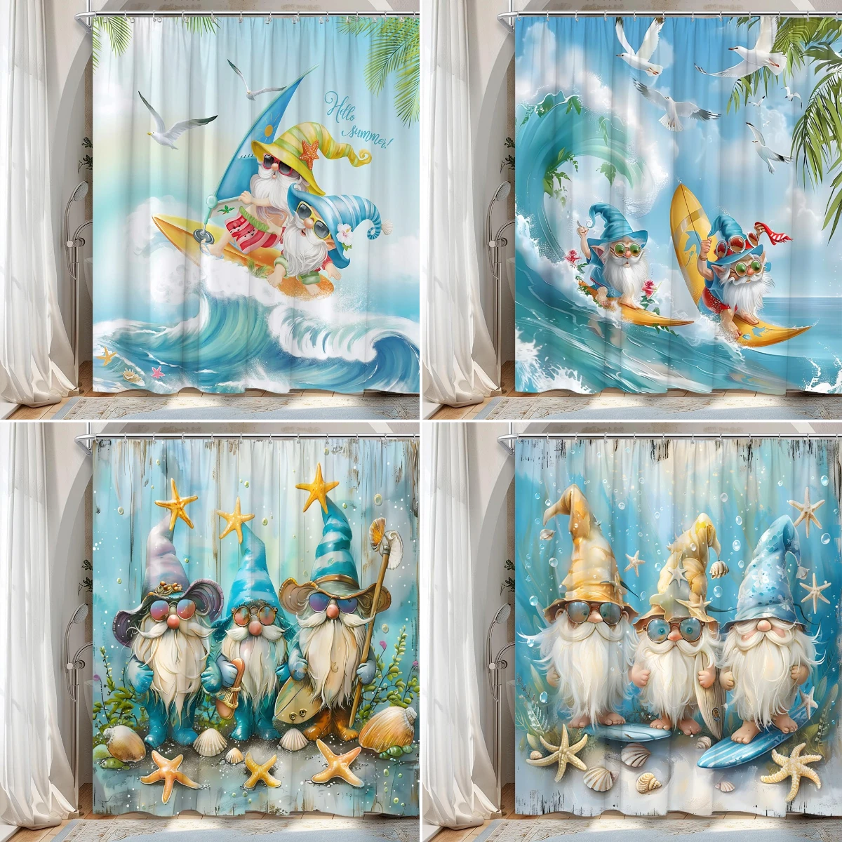 Ocean Waves Shower Curtain Genie Surf Starfish Cartoon Tropical Plant Landscape Seashells Home Fabric Bathroom Decor Curtain Set