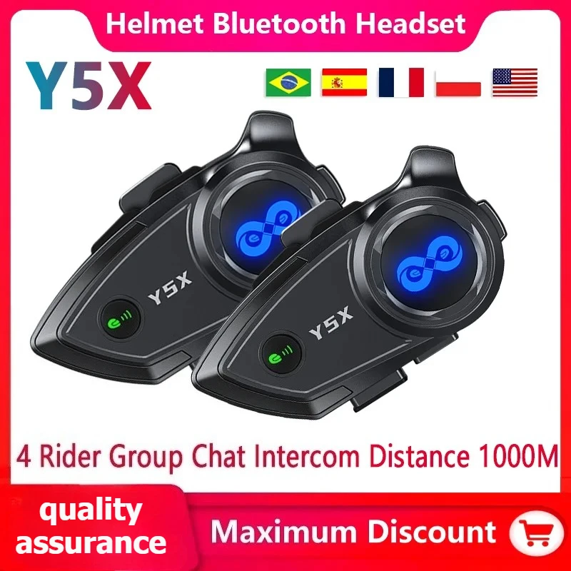 1/2PC Y5X Motorcycle Helmet Bluetooth Intercom Headset IPX6 Waterproof 4 CVC+DSP Double Intelligent Noise Riders Group 500/1000M