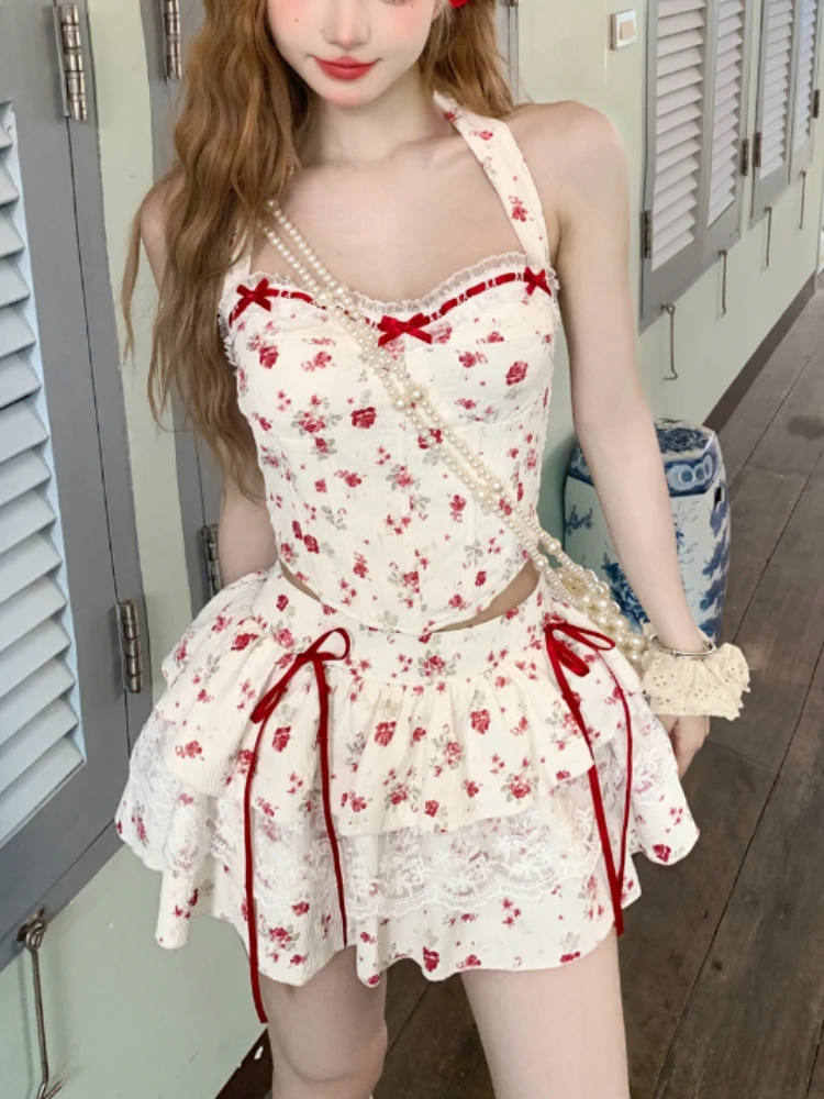 Summer Sweet New Two Piece Set Women Sexy Lace Bow Tops + Cute Mini Skirt Female Korean Fashion Pleat Fairy Beach Suit 2024