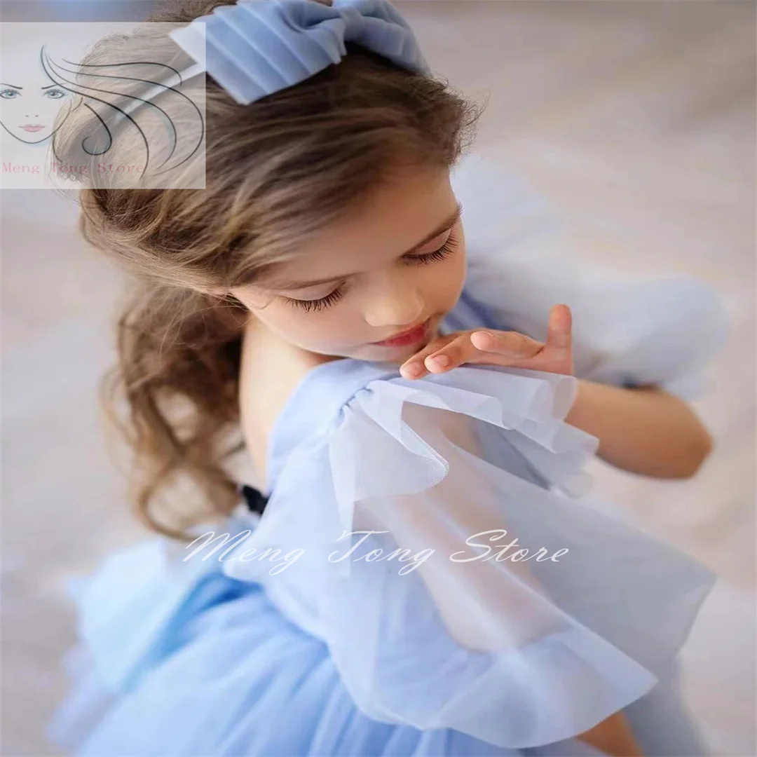 Light Blue Tulle Puffy Flower Girl Dress For Wedding Half Sleeve With Bow Elegant Kids Birthday Party First Communion Ball Gown