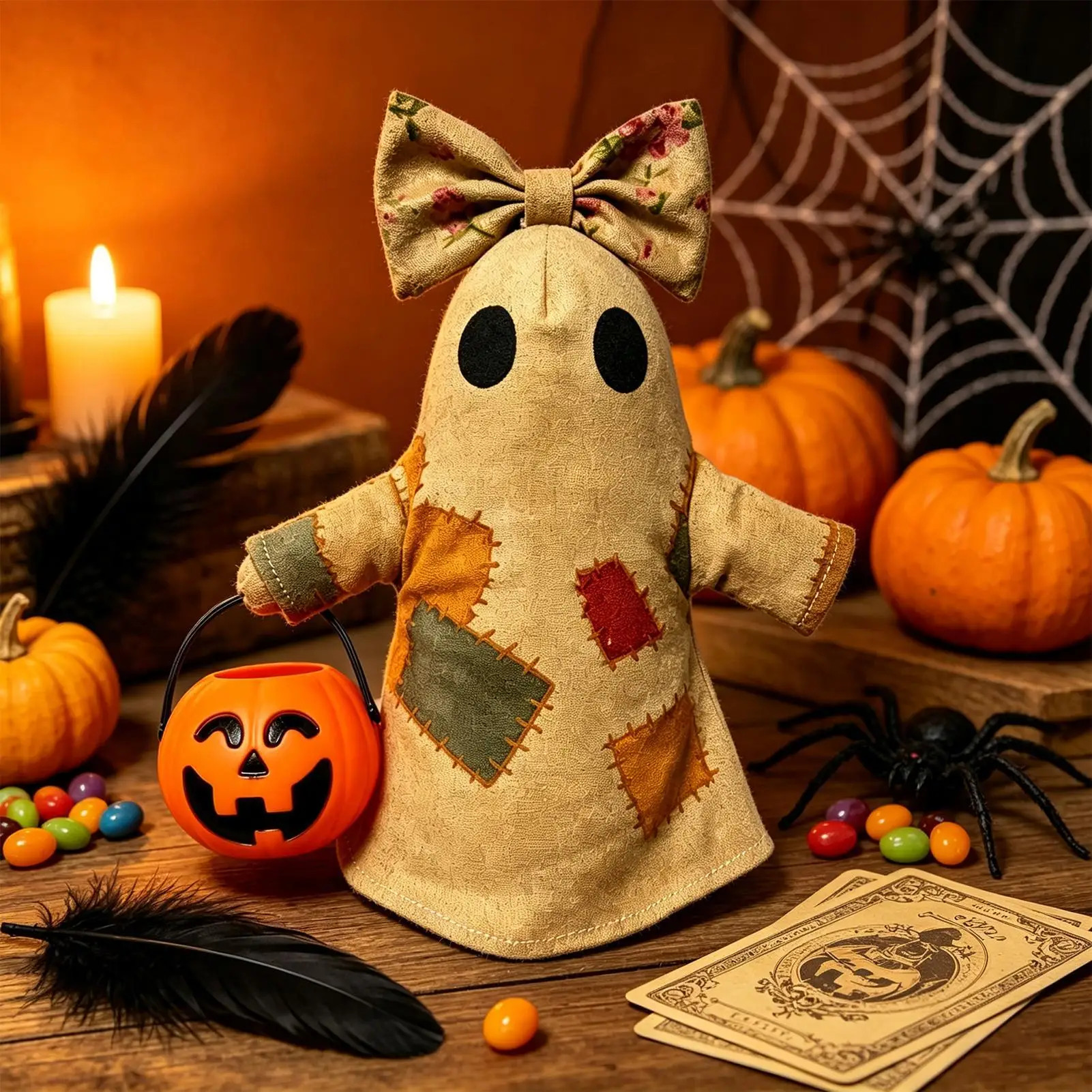 Cute Vintage Style Fabric Ghost LED Table Light Halloween Decoration Patchworks Ghost Statue Ornament For Home Party Decor