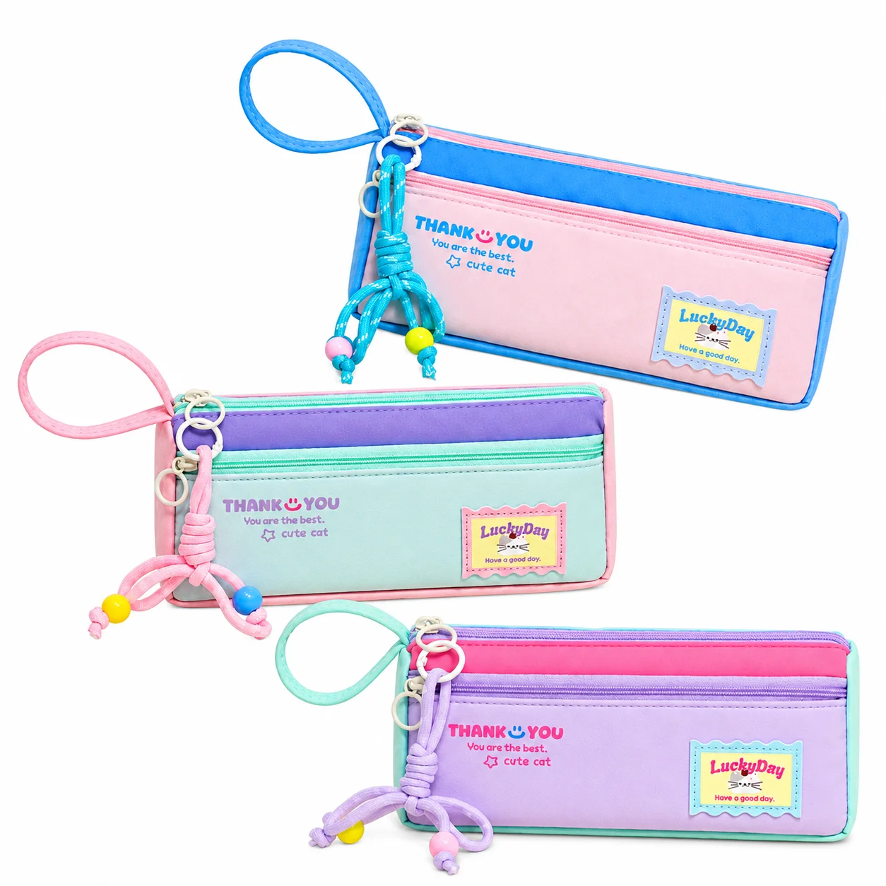 Cute Color Block Pencil Case Double Zipper Pencil Pouch with Front Pocket Decorative Beaded Rope Wrist Strap Large Capacity Stat