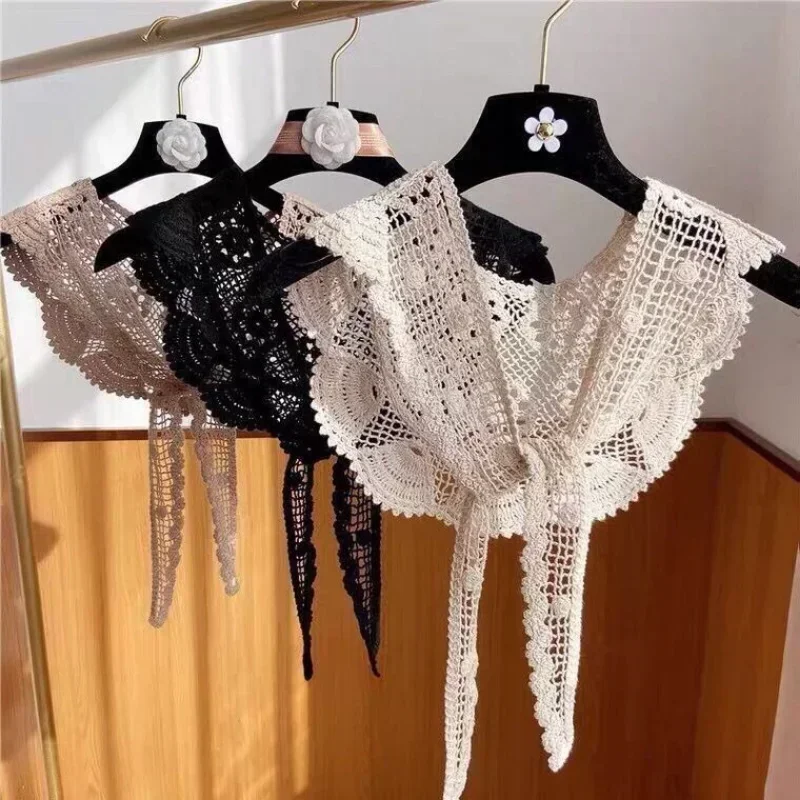 Vintage Palace Style Womens Doll False Fake Collar Hollow Out Crochet Lace Half Shirt Necklace Shawl with Imitation Pearl Bowtie