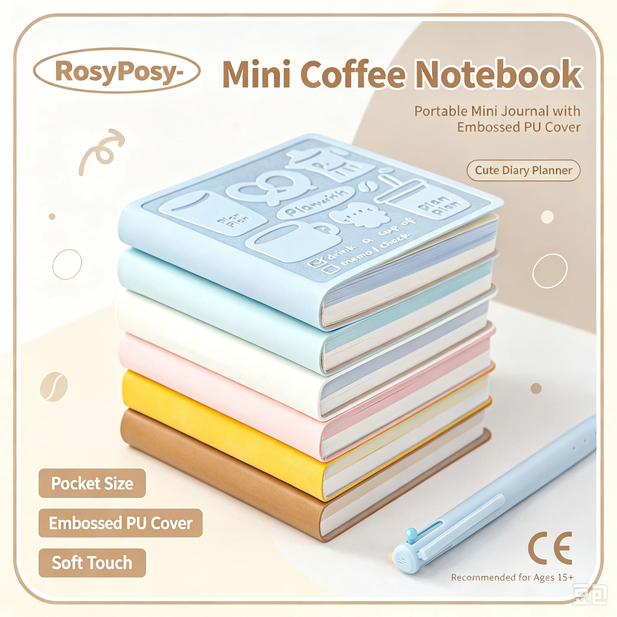 Rosyposy Mini Coffee Notebook Portable Mini Binder Journal Dual Color Embossed Pu Cover Soft Pu Material Cute Diary Planner Book