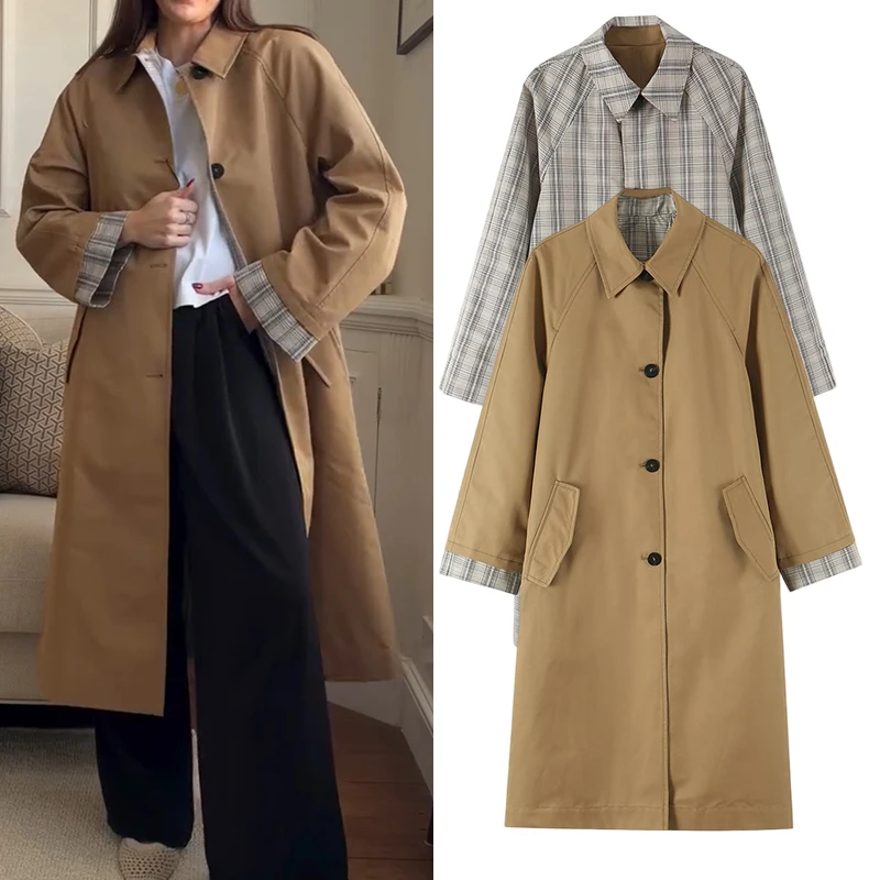 Women Reversible Trench Coat Plaid Khaki Long Jacket British Style Raglan Sleeve Double Sided Windbreaker Autumn Outerwear