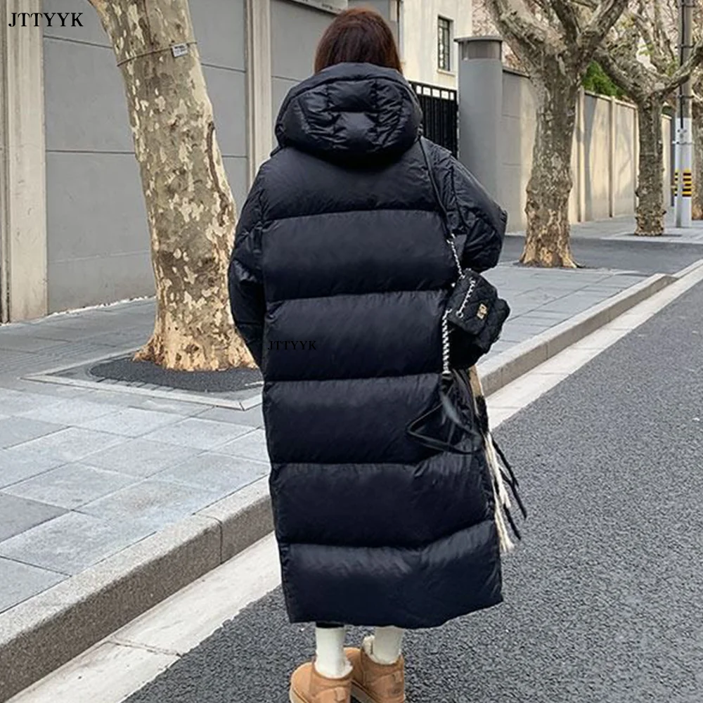 2024 Winter Jacket Women Long Hooded Cotton Padded Coat Bright Thick Warm Black Puffer Jacket Korean Fashion Parka Snow Coats