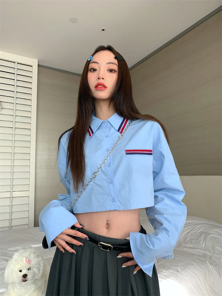 

Solid Color Long Sleeve Shirts Women Spring Autumn Casual Streetwear Lapel Single Breasted Short Tops