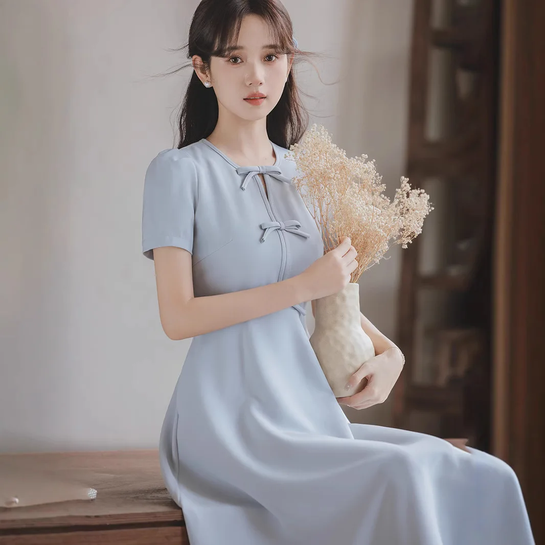 

Blue Knot Slimming Maternity Dress High Waist Knitted Fairy Skirt Short Sleeve Lightweight Summer Dress for Date