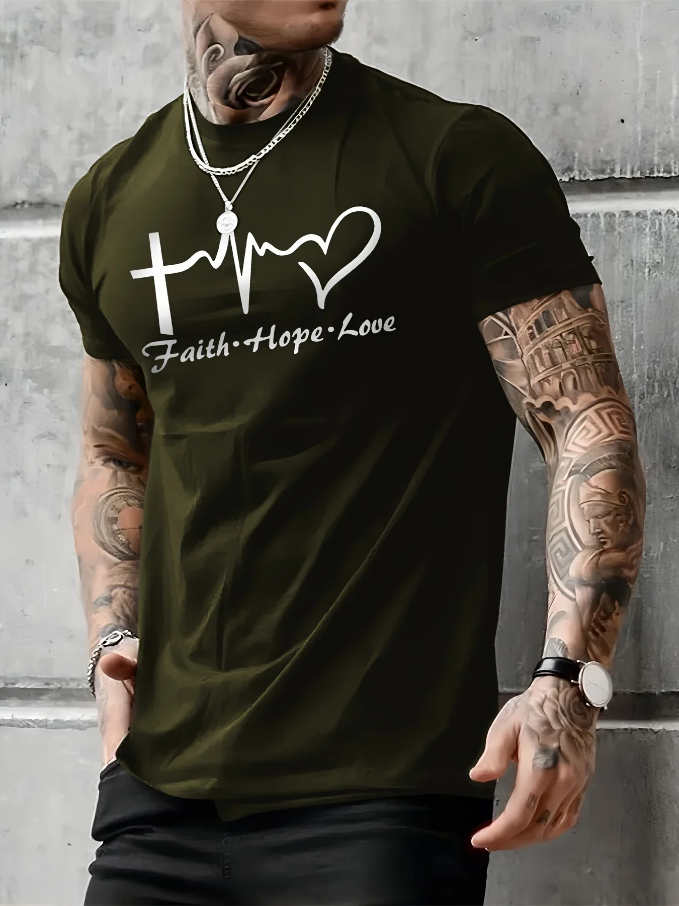 

Pop Men's Summer 100% Cotton Love Faith Graphic Printed Fashionable Casual Loose Round Neck Short Sleeve T-shirt Top