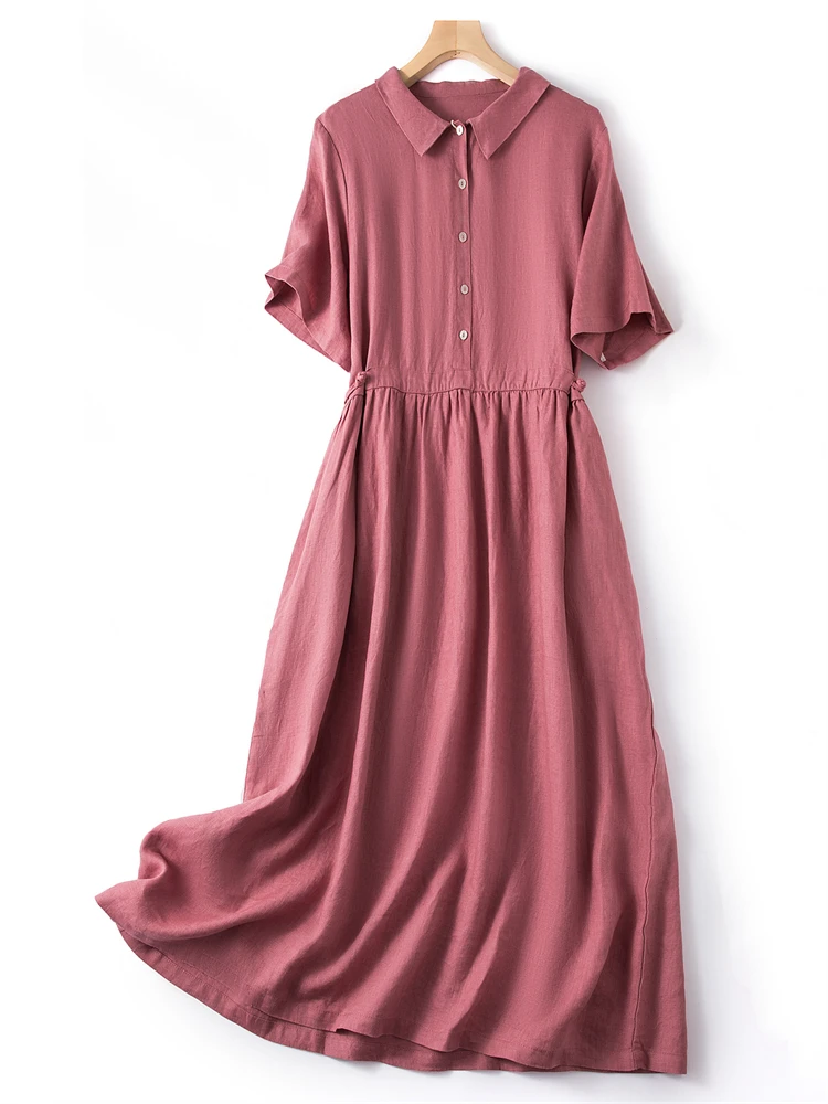 Vestidos longos de algodão monocromático vintage feminino, vestido de camisa respirável casual, senhora do escritório, roupas elegantes, verão, novo, 2023