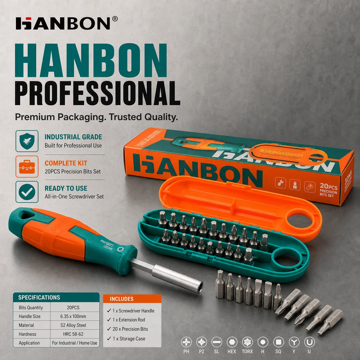 20Pcs Multifunctional Screwdriver Set, 6.35mm Cr-V Magnetic Bits, PH SL Torx Hex, Household Repair DIY Tool Kit with Box