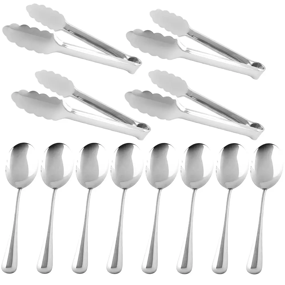 

12Pcs Stainl Steel Serving Utensils Sets With 8 Large Serving Spoons,4 Serving Tongs,Silver Serving Utensills Sets For Buffet
