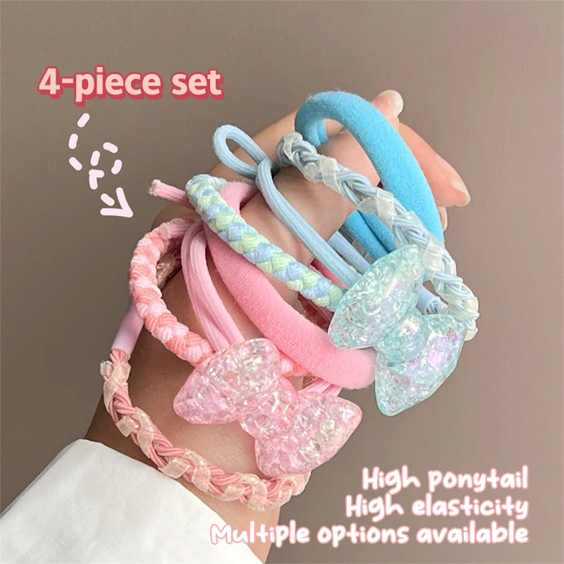 4Pcs Cute Crystal Bow Hair Rope Sweet Elastic Hair Ties High Ponytail Holder Rubber Band For Girls Children Hair Accessories