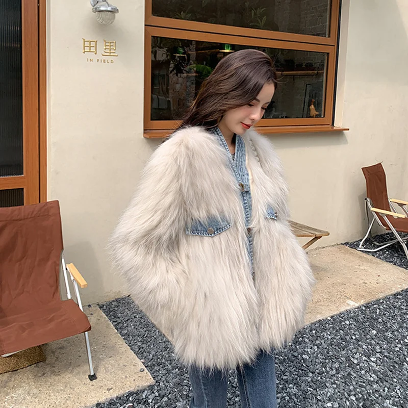 Winter frauen Fur Fashion Mantel Denim Nähen Echt Fuchs Waschbär Hund Pelz Medium und Lange Einreiher Geflochtene Jacke frauen