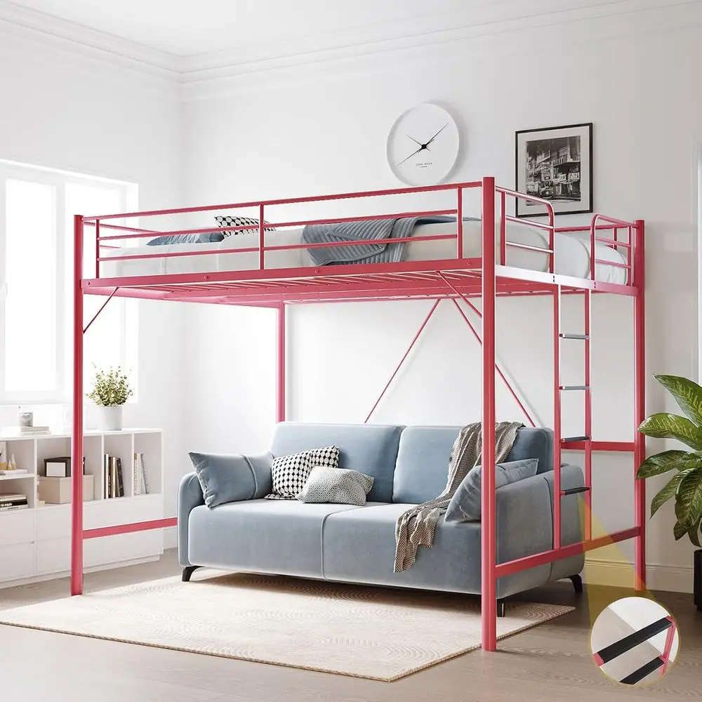 

Queen Loft Bed with Flat Rungs for Adults, Kids and Young Teens, No Box Spring Required, Heavy Duty Metal Slat Support, Pink
