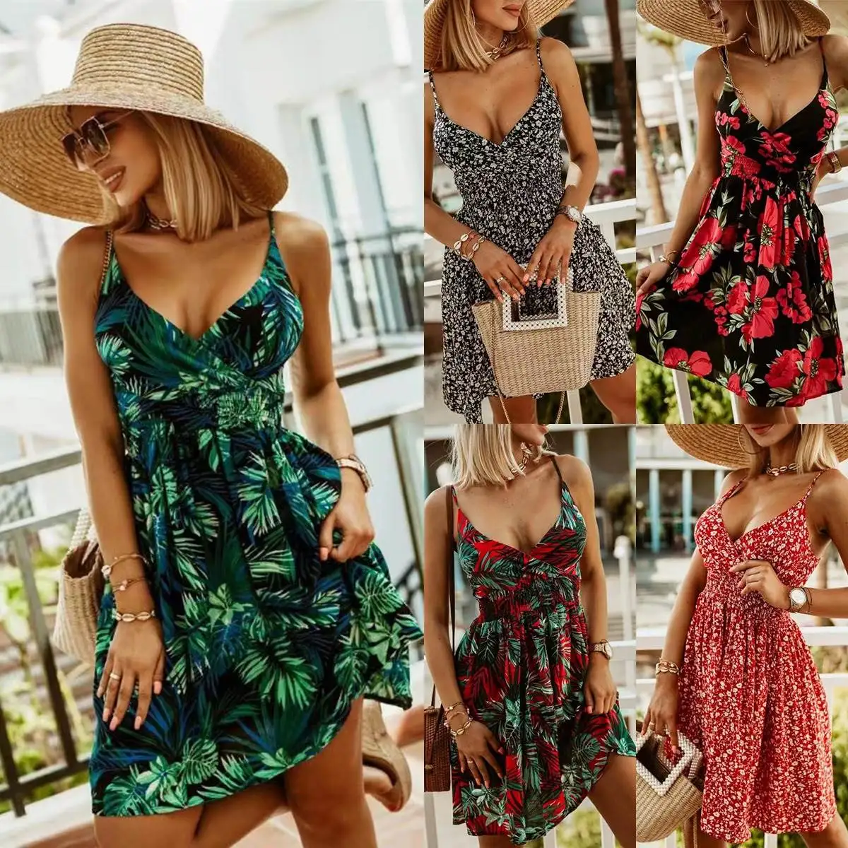 Street Sle V-Ne مطبوعة Strapl A-Line Dr التخسيس التفاف الخصر تصميم الصيف الحلو نمط الأزهار المرأة الدكتور #1