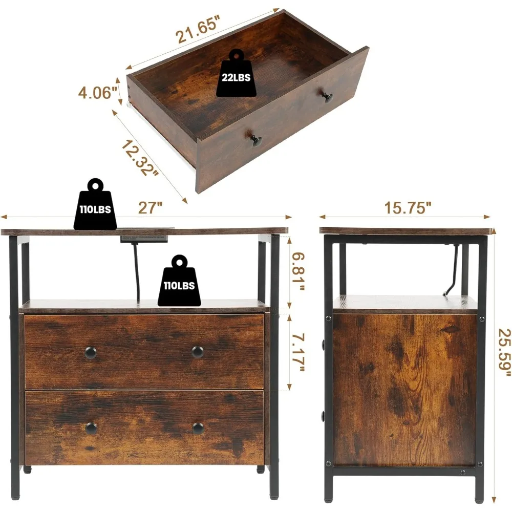 قاعدة شحن منضدة 27 عريضة، رف مفتوح ودرجين، طاولة خشبية صغيرة بجانب السرير، طاولة جانبية نهائية لغرفة النوم