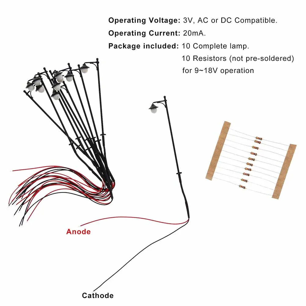 10Pcs Model Railway 65mm Gauge Lamp H0 / 00 Street Lamp LED 65mm Light Model Train Railroad Decoration Building Landscape