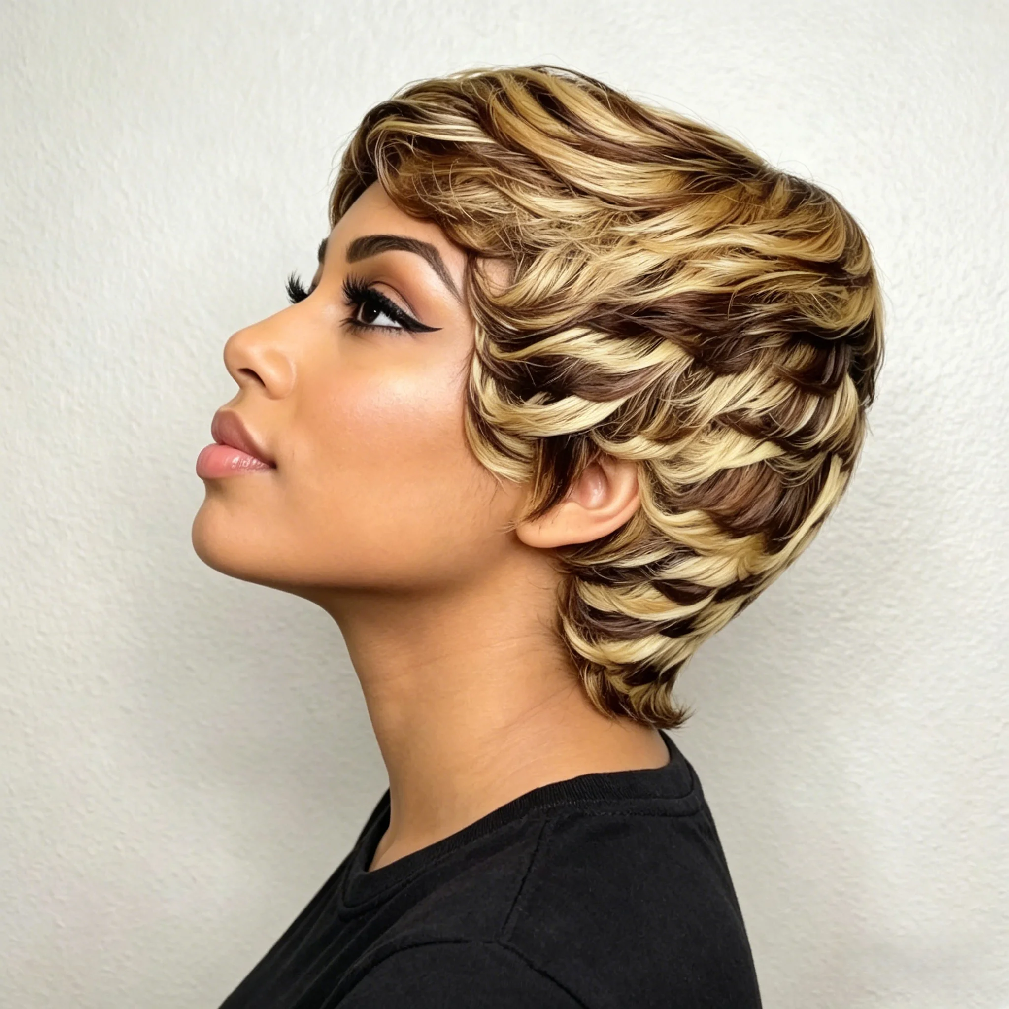 P427 Short Pixie Cut Remy Brazilian Human Hair Wig with Bangs Wave Style Full Machine Made Wigs