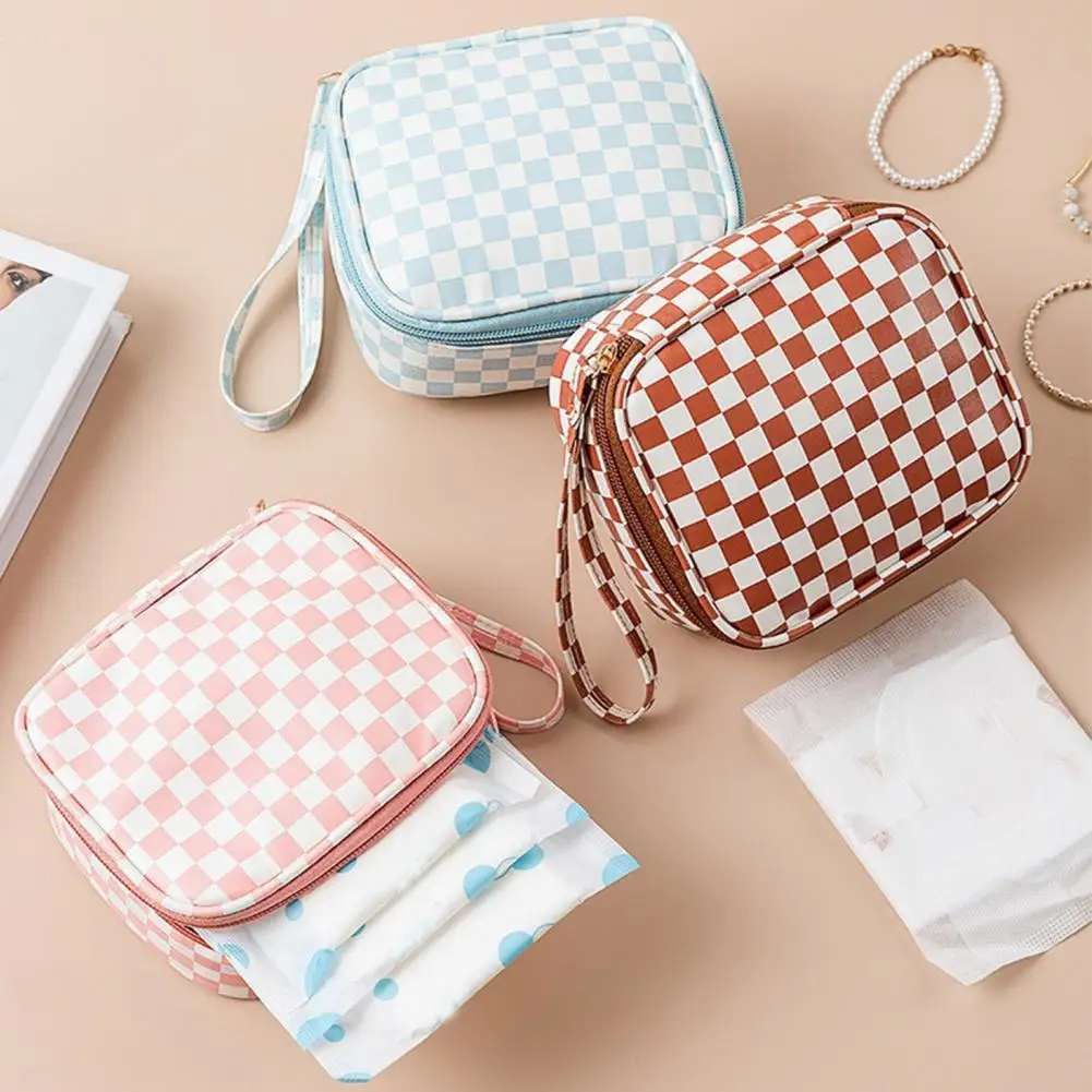 Chessboard Checker Small Storage Bag Smooth Zipper with Handle Waterproof Portable Sanitary Napkin Makeup Organizer