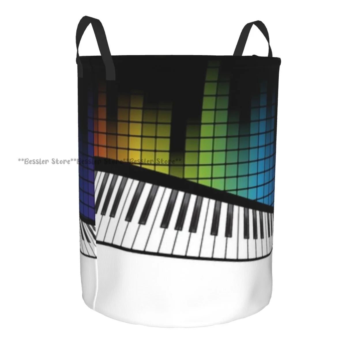 Laundry Basket Music Piano Keyboard Illustration Round Storage Bin Collapsible Hamper Clothes Bucket Organizer