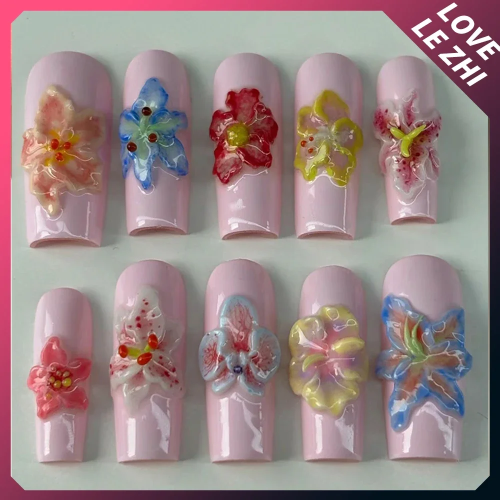 Y2K Handmade Press On Nails Set Long Almond Square Gel False Nail Summer Lilies Reusable Full Cover Reuse Fake Nail Tips