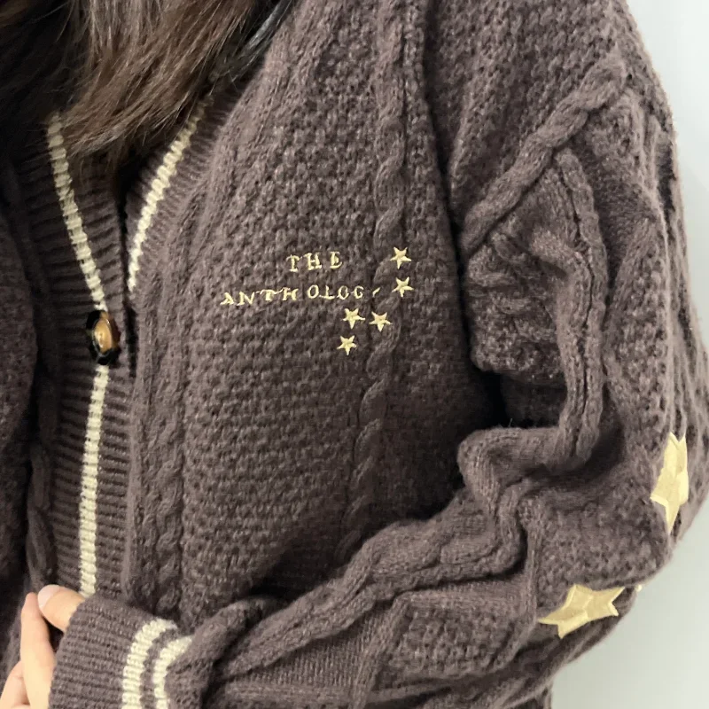 Dark Brown Oversized Cardigan Women Star Embroidery Sweater Female Autumn Winter Knitted Cardigans V-neck Concert Y2k Girl Tops