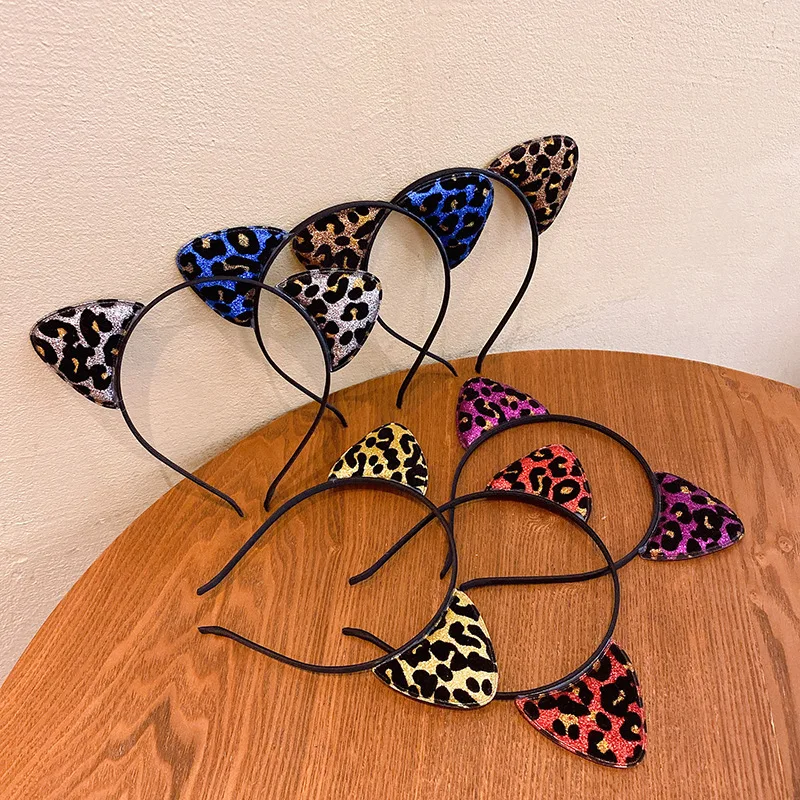 Selling New Lovely Sweet Vintage Leopard Print Cute Glitter Cat Ear Headband Children\'s Kid Girl Hair Band Accessories Headwear