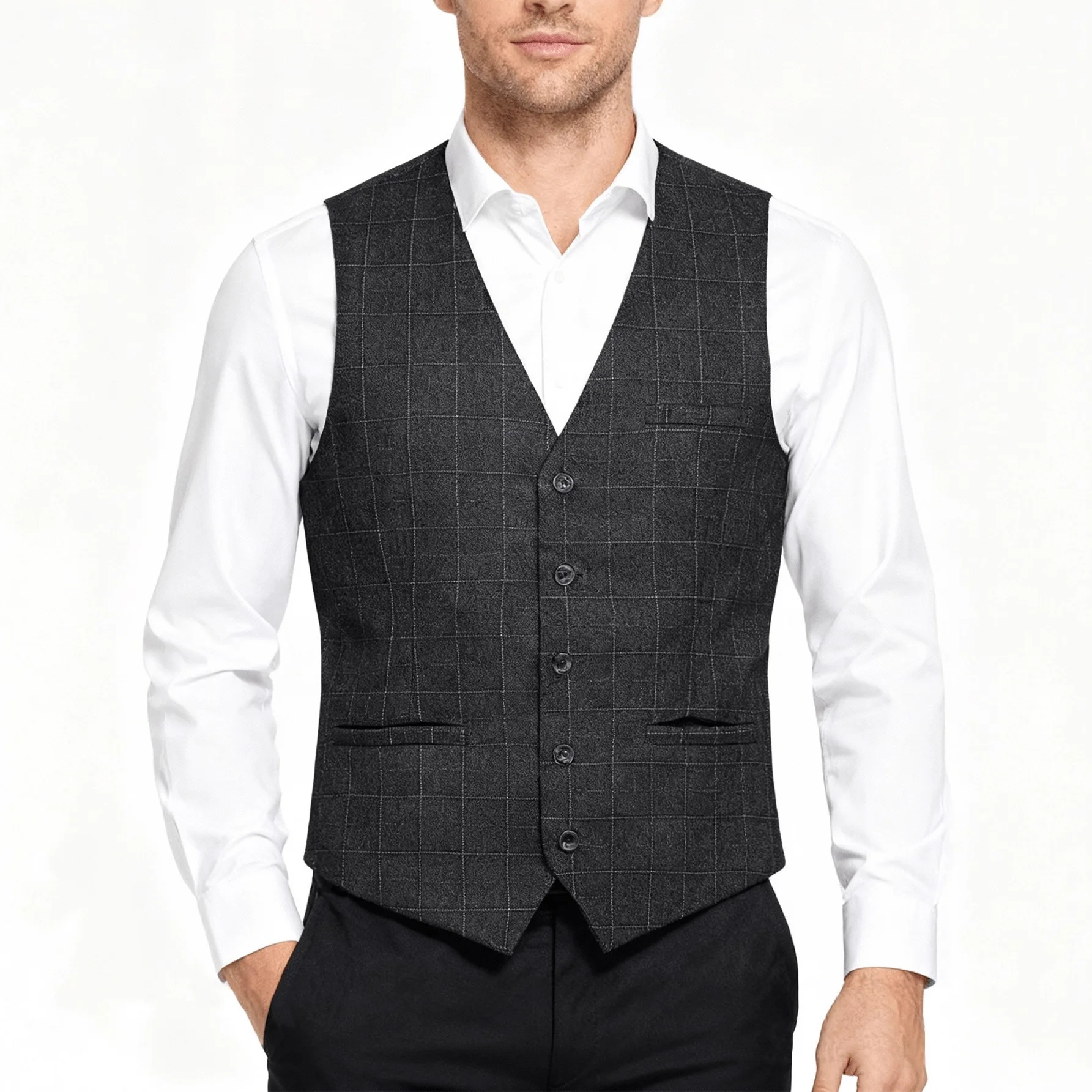 

Men's Grey Plaid Suit Vest - Slim Fit British Style Waistcoat for Formal Business, Wedding, Party & Casual Layering