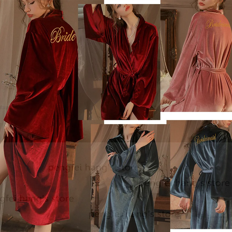 Women Warm Kimono Gown Velour Pajamas Vestidos De Novia Embroider Letter Robe Long Sleepwear Loungewear Sexy Bride Pijama
